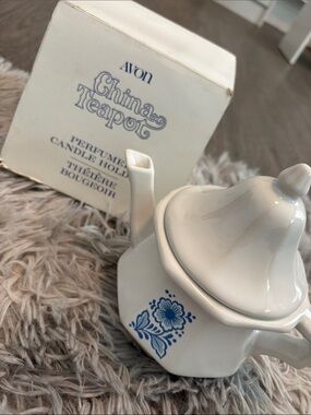 Avon White China Teapot Candle Holder with Blue Floral